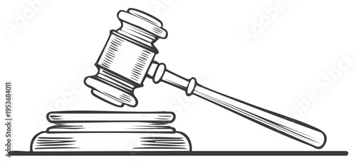 Black and White Gavel and Sounding Block Line Art for Justice Law Court Authority and Auction