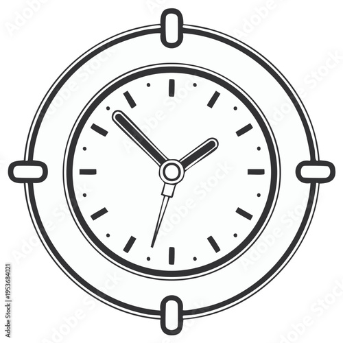 Classic analog clock face with hands indicating time, presented in a clean outline drawing style.