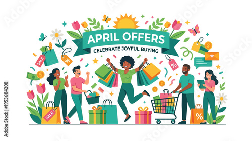 April Offers with Happy Shoppers and Spring Floral Elements