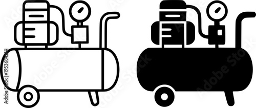 Air compressor illustration icon, outline and silhouette, for industrial design