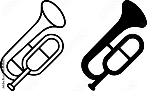 Trombone illustration icon, outline and silhouette, for musical instrument design
