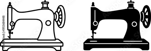 Sewing machine illustration icon, in outline and silhouette design