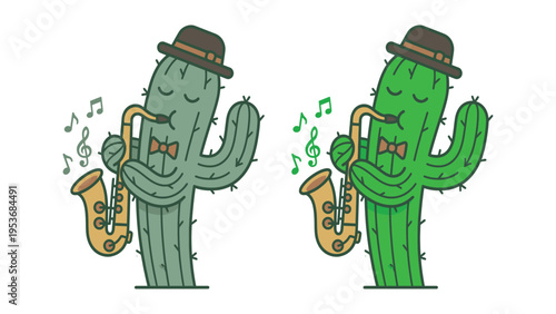 Jazz Cactus Musician Vector Set, Cartoon Saguaro Playing Saxophone