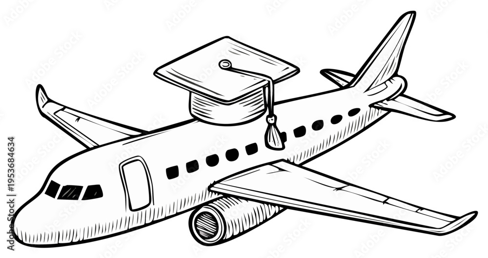 Fototapeta premium Airplane Topped with Graduation Cap Line Art Symbolizing Travel Education