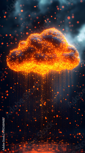 A vibrant glowing cloud emitting fiery rain against a dark stormy sky, creating a dramatic and surreal atmosphere