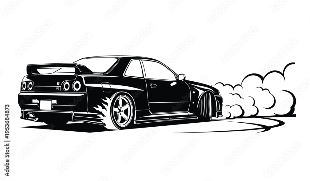 Naklejka premium Silhouette of a sleek sports car performing a drift smoke trailing behind the vehicle on a white background