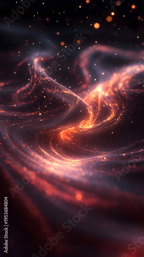 Abstract cosmic swirl of vibrant orange and purple hues, creating a mesmerizing visual effect in a digital space