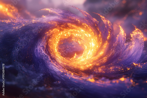 A mesmerizing swirl of glowing waves crashing in a vibrant ocean scene at sunset, evoking a sense of wonder
