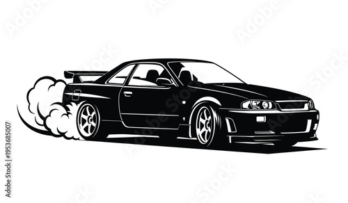 Silhouette of a sleek black sports car with smoke from tires speeding fast on a track or road course silhouette