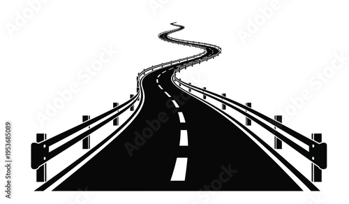 Silhouette of a winding road on a bridge with guardrails silhouette
