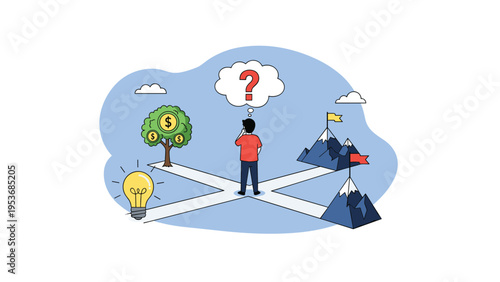 Confused businessman standing at crossroads deciding between paths toward wealth, innovation, and career milestones.