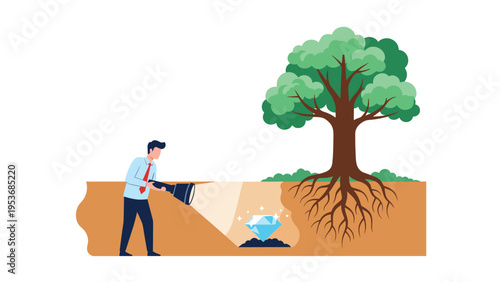 Businessman using a powerful flashlight to discover a hidden glowing diamond buried deep beneath a leafy green tree.