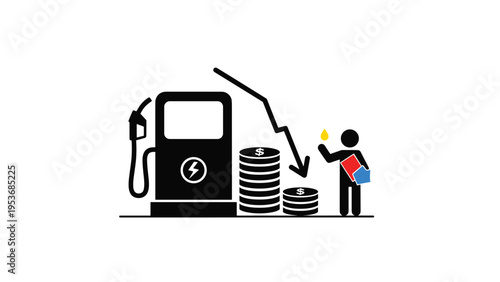 Stylized graphic showing a fuel pump next to falling coin stacks and a declining arrow to represent lower oil prices.