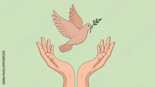 Pair of human hands gently releasing a flying peace dove carrying a green olive branch over a soft green background.