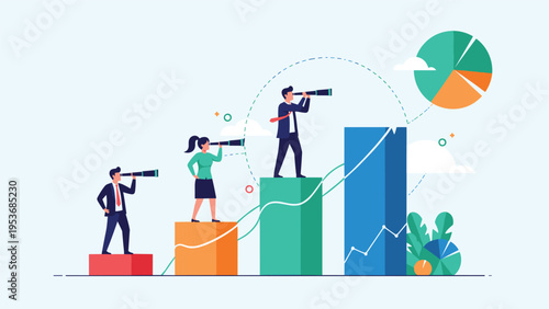 Professional team standing on rising bar chart levels while searching for new opportunities through handheld telescopes.