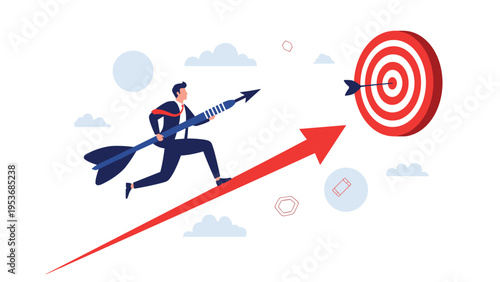 Businessman running fast up a rising red arrow while carrying a large blue dart aimed at a distant circular target.