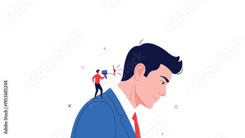 Small man standing on a giant businessman's shoulder and shouting into his ear through a loud blue megaphone.