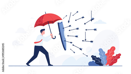 Businessman using a red umbrella and a blue shield to defend himself from a barrage of incoming black arrows.