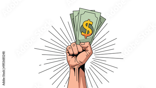 Strong human fist held high while clutching several green dollar banknotes against a bright radiating sunburst background.