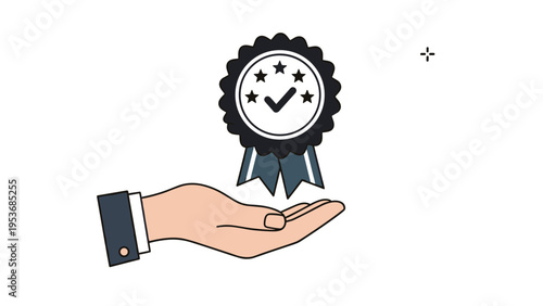 Hand offering a five-star quality certification badge with a checkmark to represent excellence and customer trust.