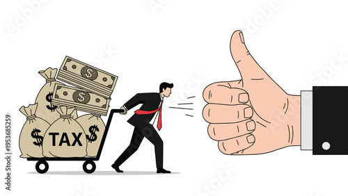 Struggling businessman pushing a cart full of heavy tax money bags while a giant hand gives a giant thumbs up.