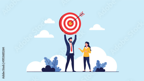 Businessman and businesswoman working together to lift a large red and white target high into the bright blue sky.