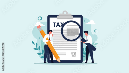 Two professionals using a large pencil and a magnifying glass to carefully inspect a tax document on a clipboard.