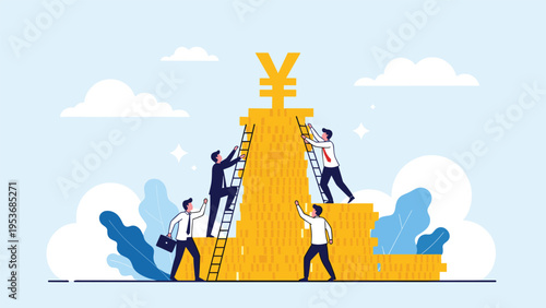 Business team using ladders to climb a massive stack of gold coins topped with a large yellow yen currency symbol.