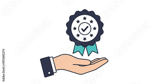 Open human hand presenting a prestigious gold and blue quality guarantee seal with five stars and a check mark.