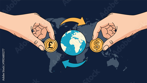 Two hands exchanging a British pound coin and a US dollar coin over a dark world map with circulating arrows.