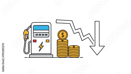 Modern infographic showing a gasoline pump next to stacks of gold coins with a jagged arrow pointing downwards.