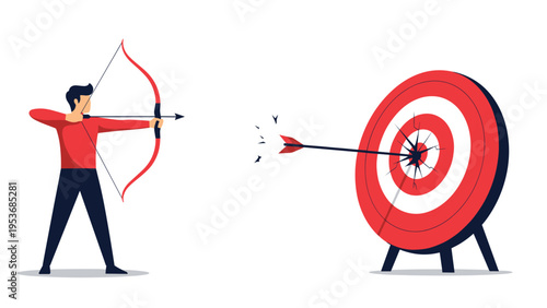 Skilled archer in a red shirt hitting the exact center of a target and causing the bullseye to shatter on impact.