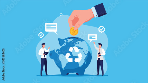 People standing around a large blue globe-shaped piggy bank with a recycling symbol being filled with a golden coin.