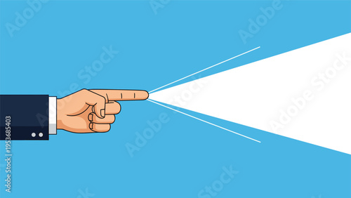 Close up of a hand pointing a finger with a bright white light beam shining from the tip against a blue background for focus.