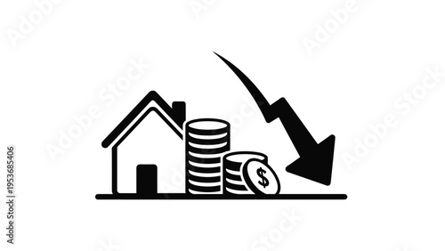 Black and white icon of a house and coin stacks with a sharp downward arrow indicating a drop in property market value.