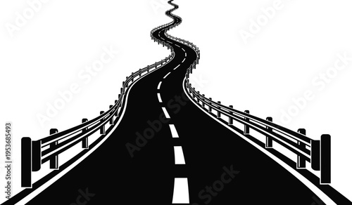 Silhouette of a winding road on a bridge with guardrails against a white background