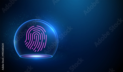 3d fingerprint inside transparent glass dome. Biometric protection, secure identity preservation, authentication safeguarding, digital data security, access control concept.