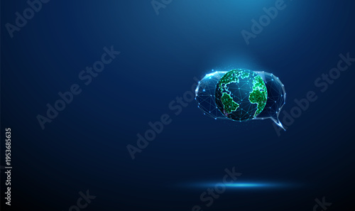 3d speech bubble with planet Earth. Global communication, international messaging, worldwide connectivity, cross-border conversation, online interaction, digital networking concept.