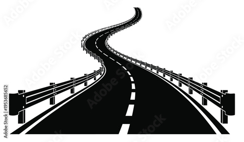 Silhouette of a winding road on a bridge with guardrails
