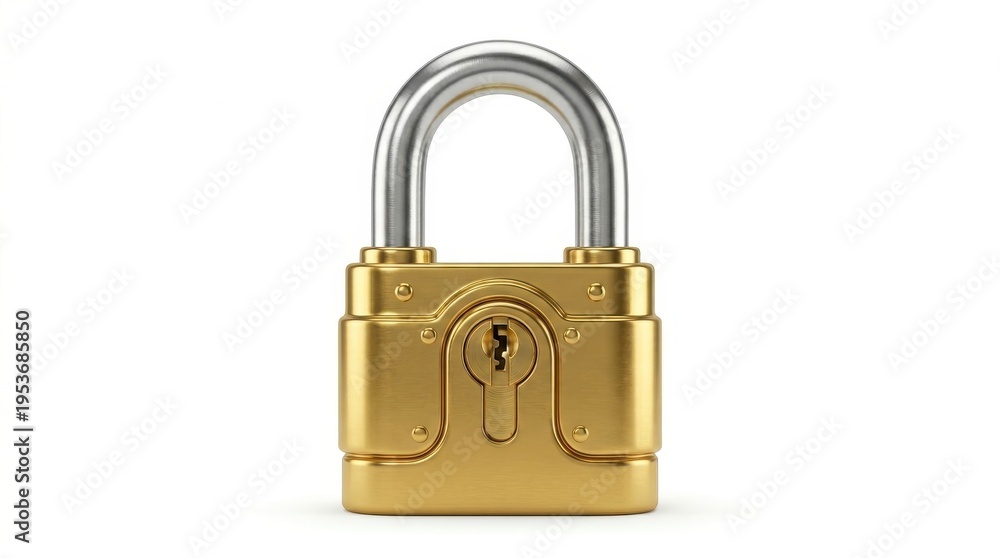 Fototapeta premium A shiny golden padlock with a silver shackle is presented in a close-up studio shot against a clean white background, symbolizing security and protection.