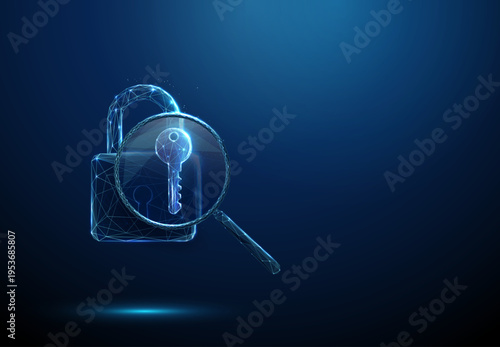 3d padlock under magnifying glass with key. Security inspection, access verification, authentication analysis, encrypted entry evaluation, identity validation concept.