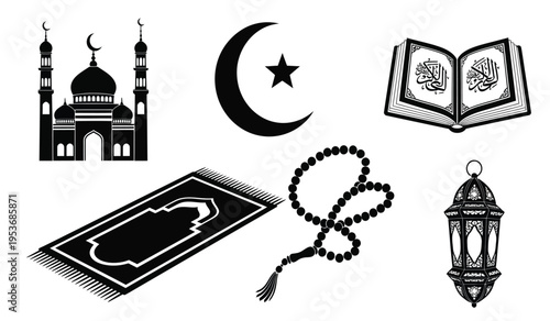 Islamic symbols silhouette illustration mosque crescent moon quran rosary lantern