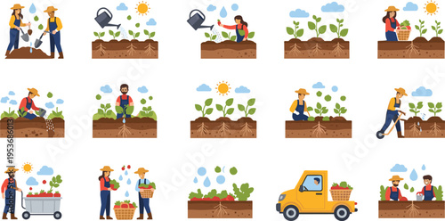 Farmers Working in Garden Set with Planting, Watering and Harvesting Vegetables, Agriculture Process Scenes in Flat Vector Style for Organic Farming and Rural Life Design