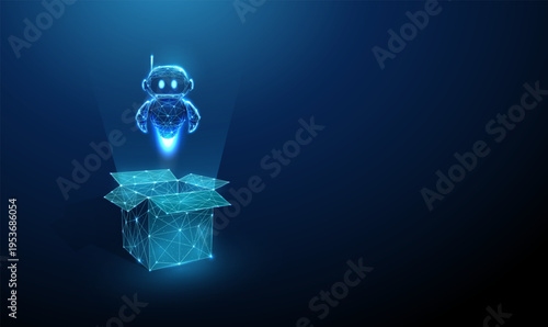 3d blue cute robot above an open box. Preconfigured intelligent assistant, automated workflow solution, smart digital assistant deployment, virtual assistant concept.