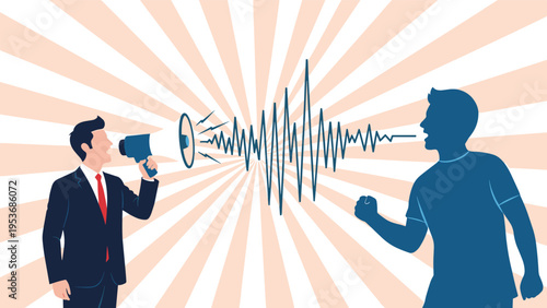 Two men in a heated argument shouting through megaphones with large sound waves between them to symbolize loud communication.