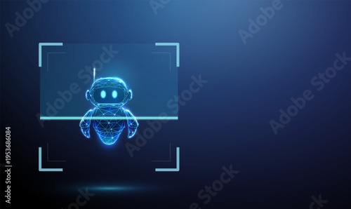 3d cute robot inside digital scanning frame. AI detection and analysis, intelligent agent inspection, error and anomaly detection, neural network debugging concept.