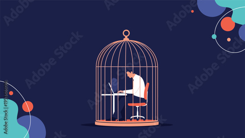 Professional businessman working on his laptop while confined inside a large birdcage representing office work restrictions.
