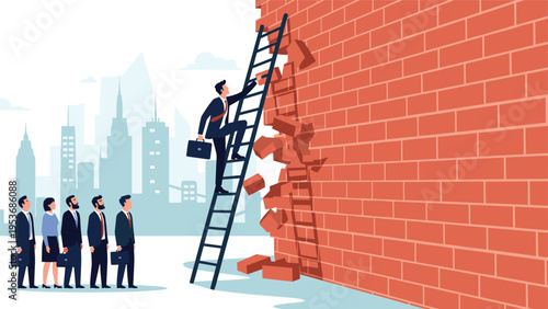 Determined businessman on a ladder using his hands to break through a solid brick wall while his team watches from behind.