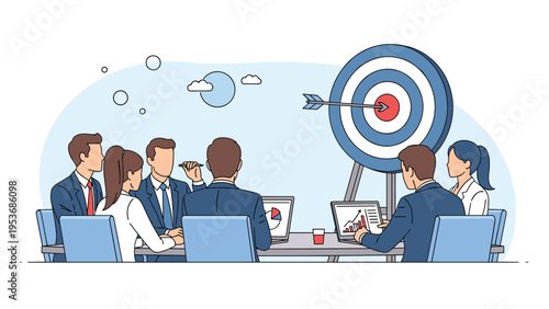 Professional team of six business people having a meeting around a table with a large bullseye target in the background.