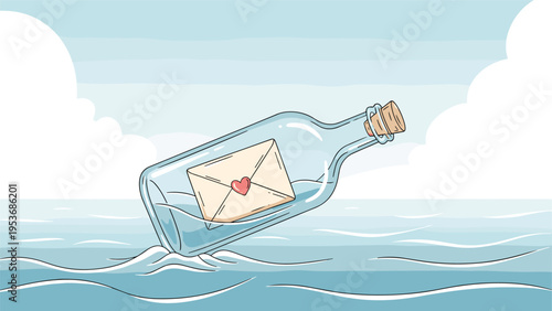 Message in a bottle and romantic love concept featuring a sealed envelope with a red heart floating in the ocean waves.